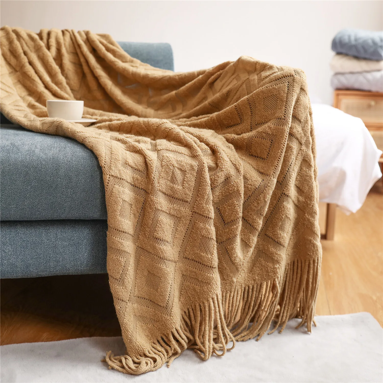 

Nordic Sofa Blanket Knitted Shawl Solid Color Bed End Towel Wool Sofa Towel Hotel Bedroom Decorative Blanket Soft Nap Bedspread