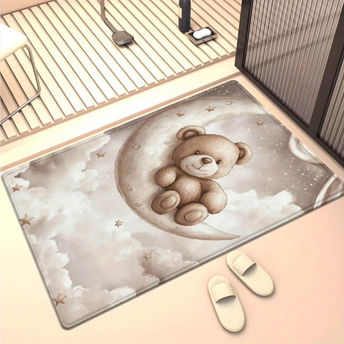 Cute Teddy Bear Moon Doormat, Dreamy Cloud Bedroom Rug, Soft Pastel Nursery Floor Mat, Non-slip Kids Room Carpet, Home Decor