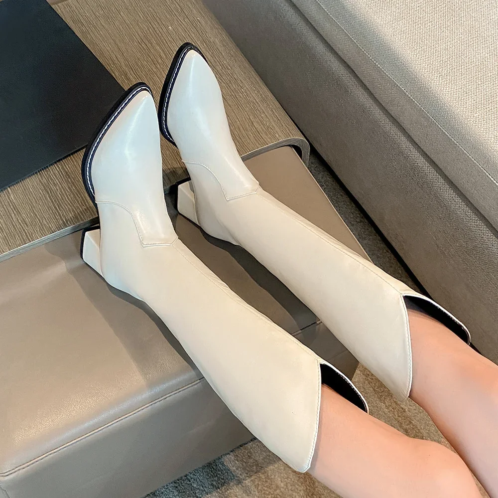 

Fashion White PU Leather Knee-High Boots Women Block Heels Female Shoes Pointed Toe thick heel knight Long Boots Slim Botas Muje