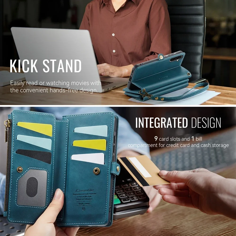 Crossbody Lanyard Wallet Leather Phone Case for Samsung Galaxy A56 A16 A55 A54 A52 A53 A13 A14 A15 Wristband Purse 9 Cards Cover