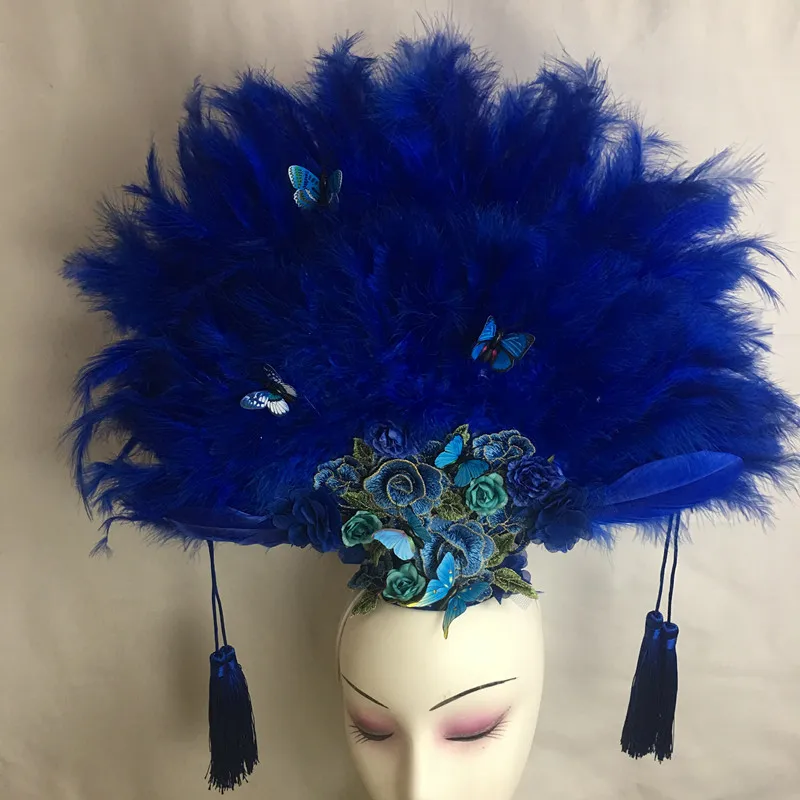 Model Runway Stage Performance Makeup Creative Makeup Exaggerated Personality Feather Tassel Fan Styling Headwear Female