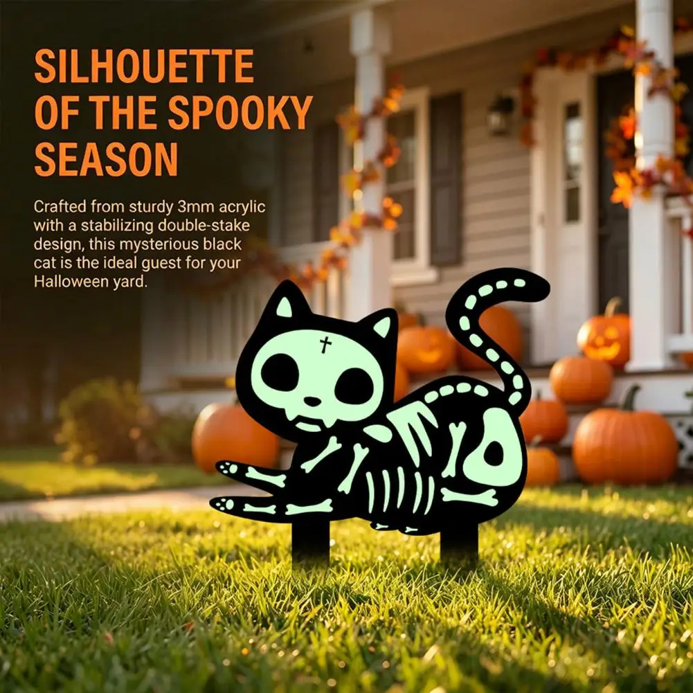 Durable Acrylic Garden Stakes Glow Dark Skeleton Cat Garden Stake Spooky Halloween Lawn Ornament Acrylic Pathway for Outdoor
