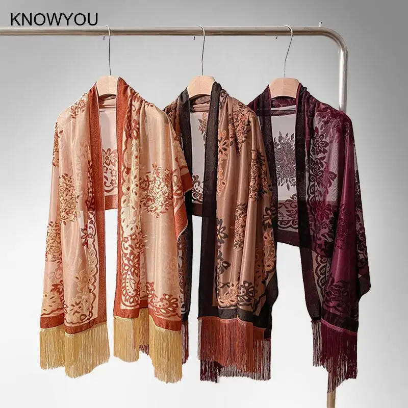 

Элегантная вечерняя шаль, полый кружевной шарф, весенние шали и накидки, роскошное велюровое жаккардовое полотенце из пашмины, женские пляжные костюмы