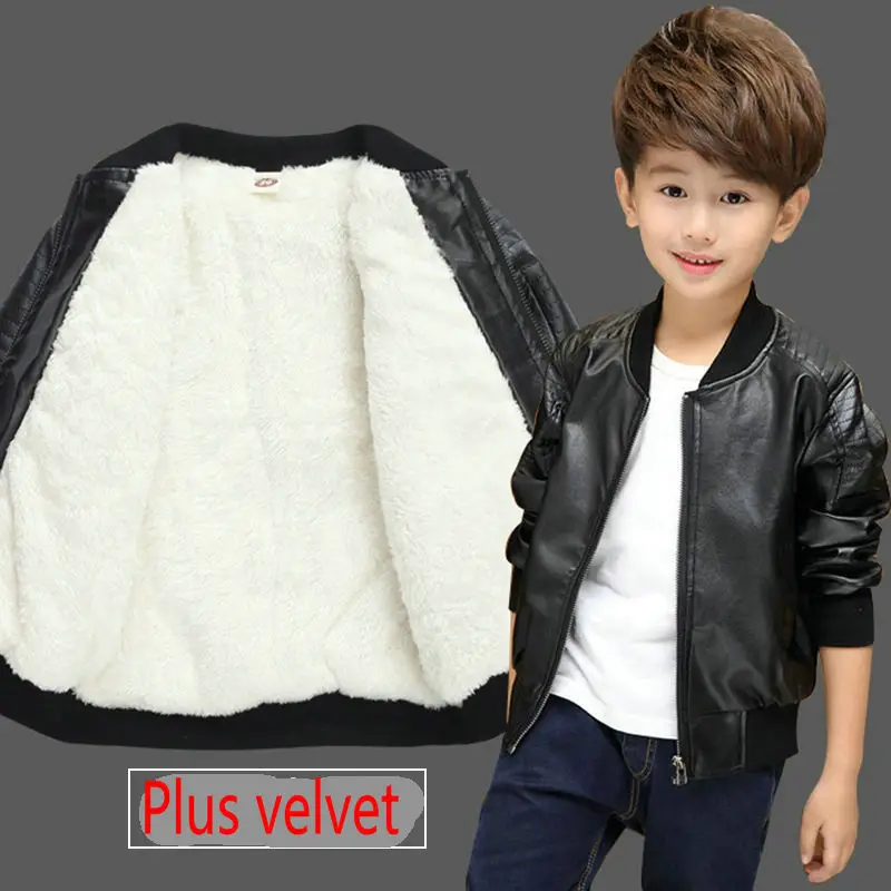 New Arrived Boys Coats Autumn Winter Fashion Korean Children\'s Plus Velvet Warming Cotton PU Leather Jacket For 2-15Y Kids Hot