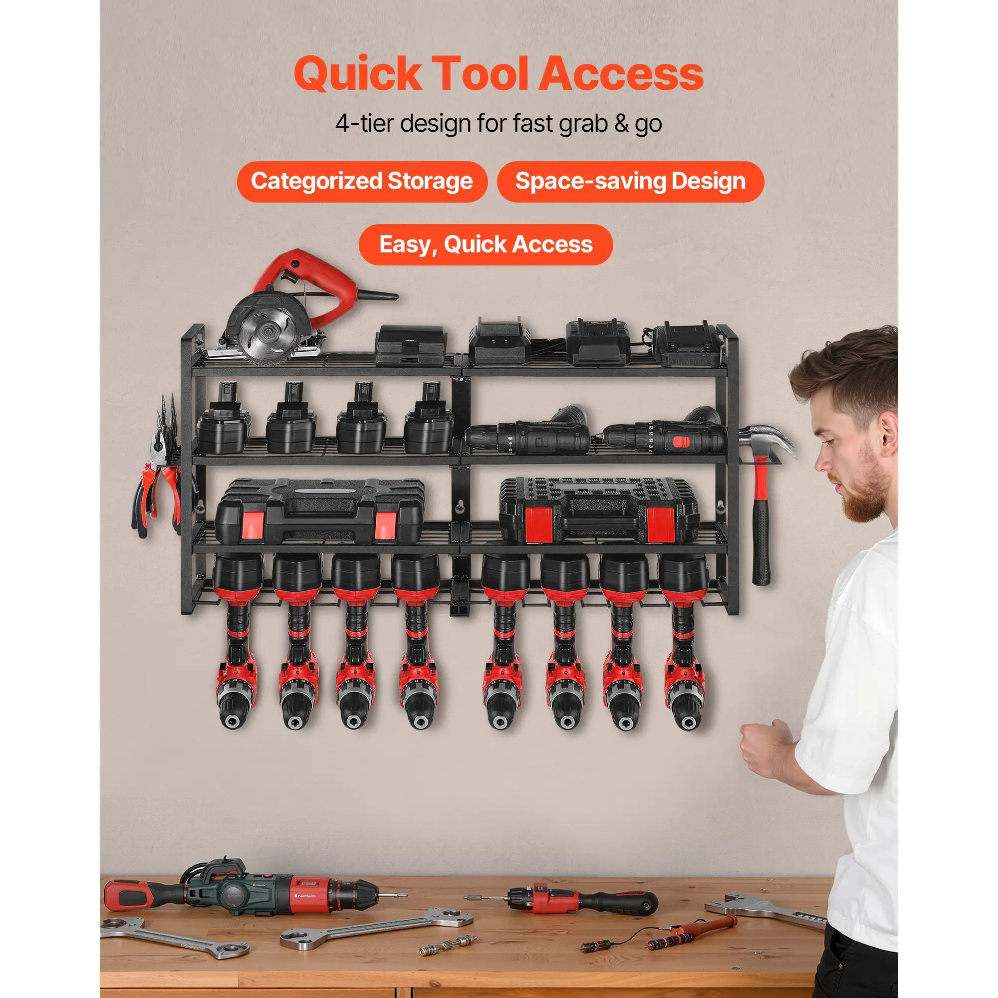 Power Tool Organizer Wall Mount, 4-Layer Storage Rack with 8 Drill Holders, Tools Holder and Storage Rack with Screwdriver Holde