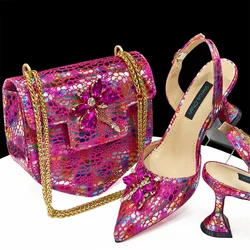 doershow beautiful Italian Fuchsia Shoes And Bag Sets For Evening Party With Stones Italian Leather Handbags Match Bags! HDF1-7