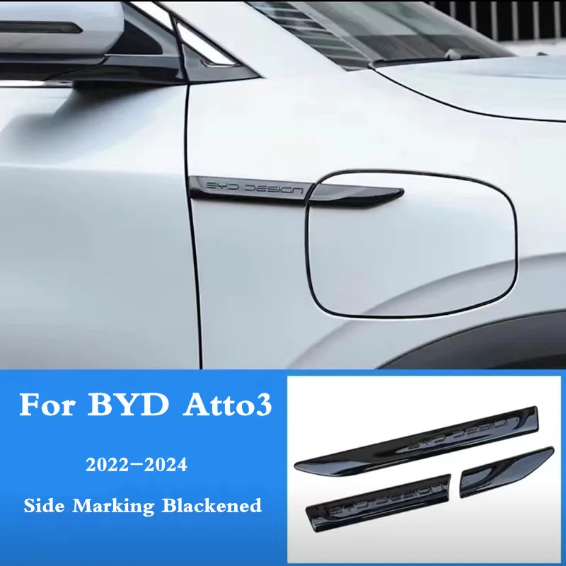 For Byd Atto 3 Yuan Plus 2022 2023 2024 Door Side Label Chrome Plated Strip Black Styling Sticker Auto Parts Fender Cover 3pcs