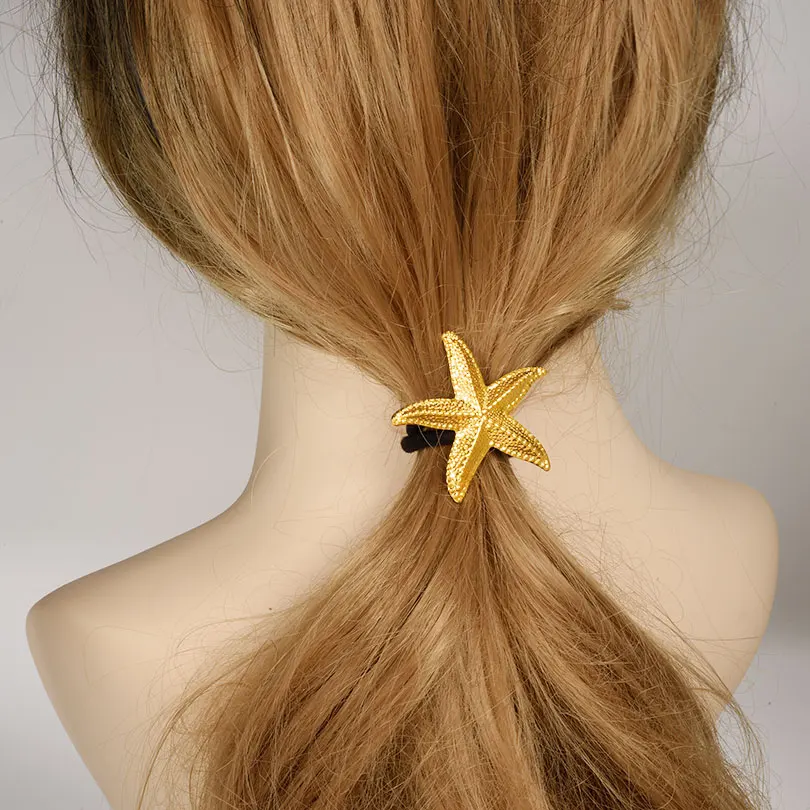 Abalorio de estrella de mar de acero inoxidable a la moda, elásticos y lazos para el pelo negro, accesorios de cuerda para cabeza de Animal marino para mujer, Gril Beach Sunmmer