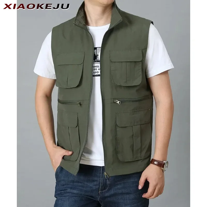 

Sleeveless Waterproof Camping Utility Vest Leather Vests Jacket for Men Windbreaker Work Multi-pocket Hunting Working MAN Zip