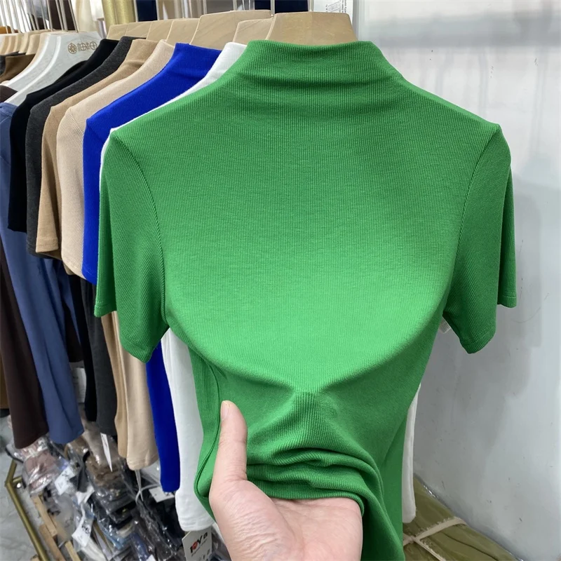 

Slim Fit Half High Collar Short Sleeve T-Shirt Women's Summer New Style Inner Wear Tight Base Shirt Body Tee Ins Top
