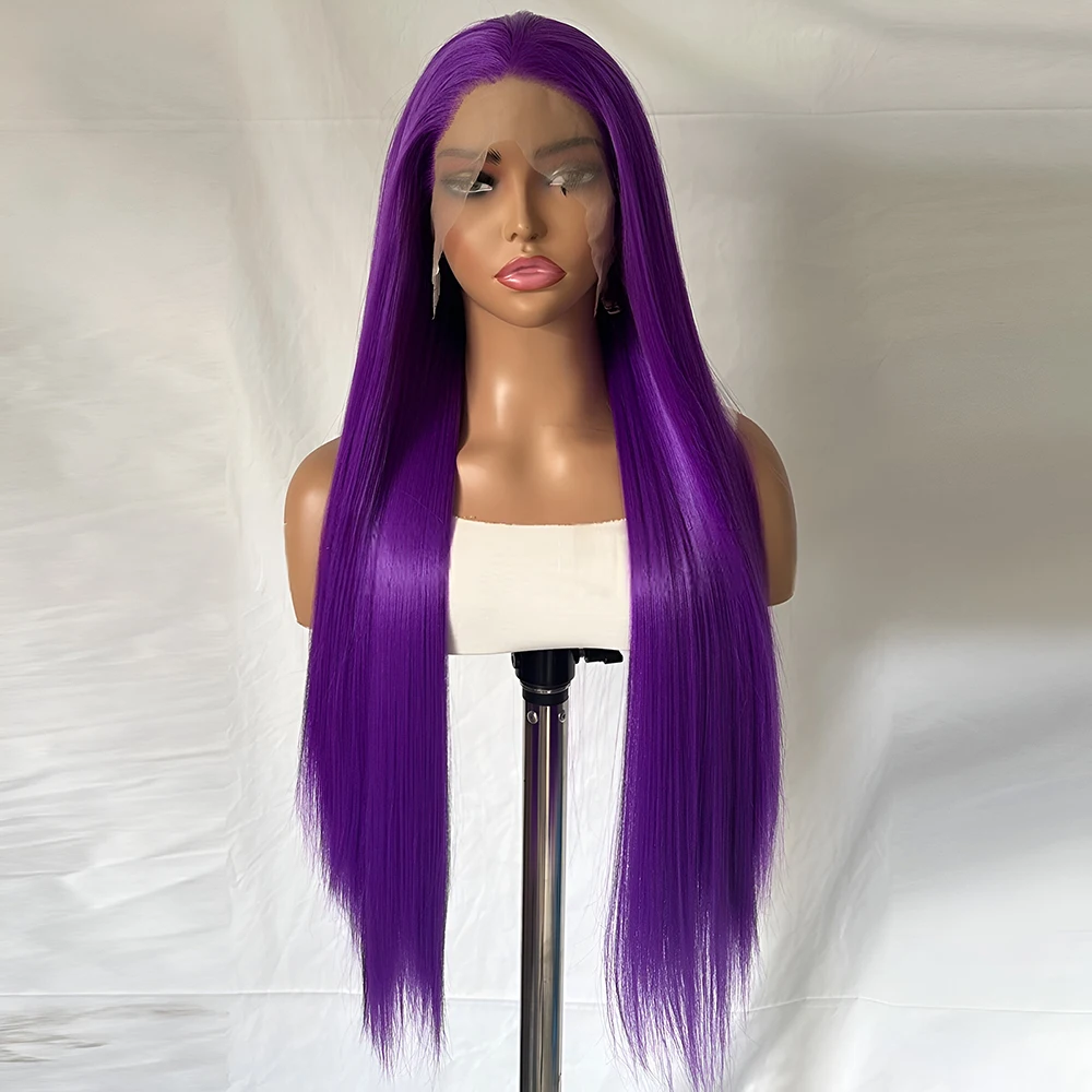 Bright Purple Straight Wig Synthetic Lace Front Wigs For Women Heat Resistant Purple Wig Long Silky Straight Lace Hair Cosplay