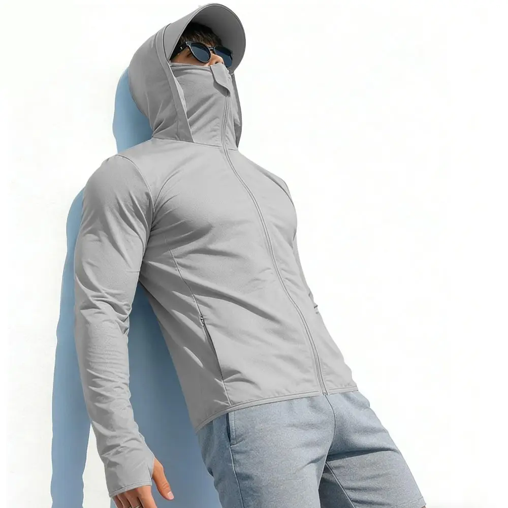 Fashion Ice Silk Mens Sun Protection Hoodie Quick Dry Full-Zip Up UV Shirts with Face Mask Long Sleeve UPF 50+ Jackets Men