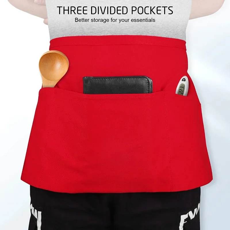 2024 Universal Unisex Half Bust Bib Apron Restaurant Kitchen Coffee Tea Shop Waitress Uniforms Waist Short Apron With Pockets