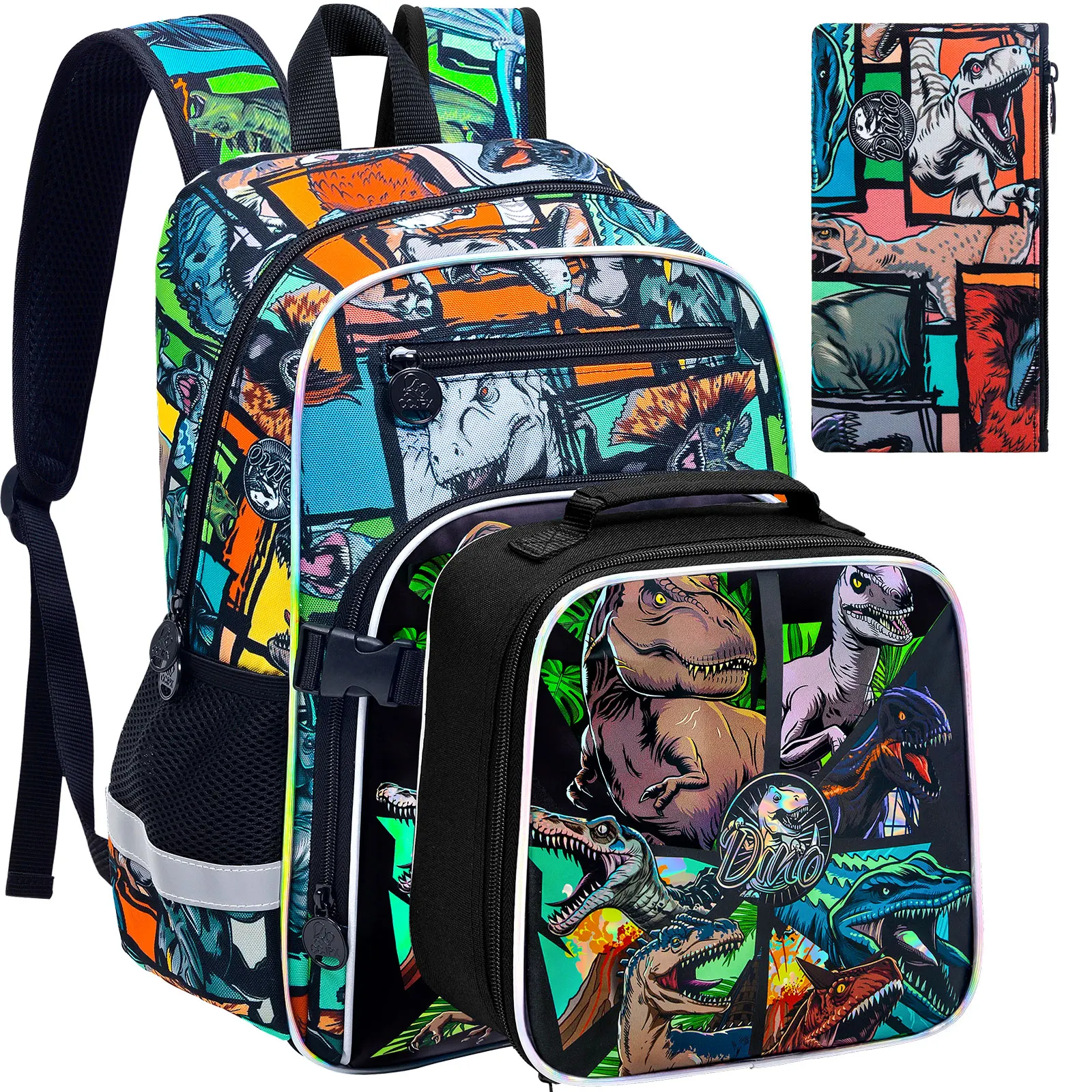 3pcs Boys Backpack Set, Comic Dinosaur School Backpack with Buckle, Handbag & Pen Pouch
