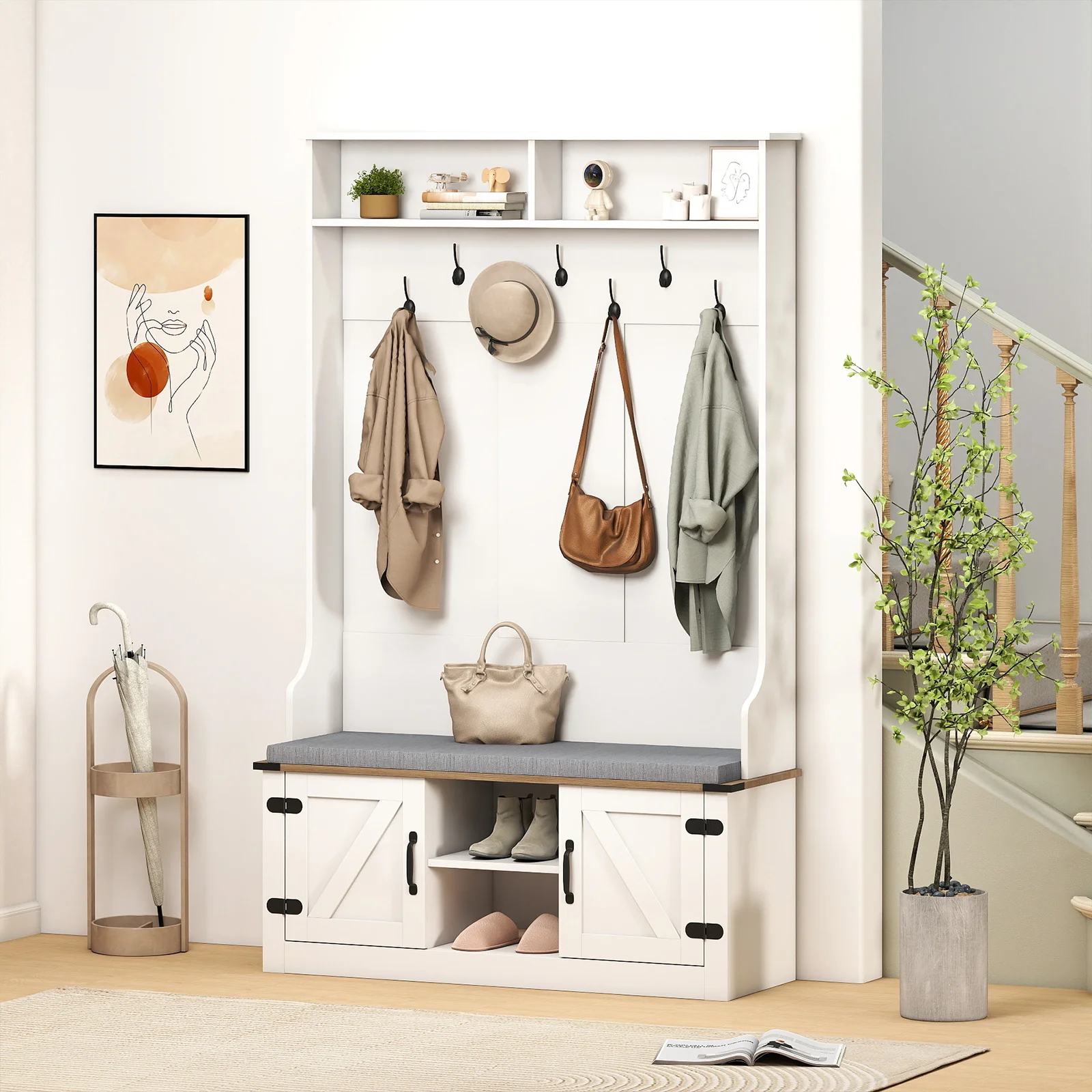 68. 5” 4-in-1 Hall Tree w/ Cushioned Bench Shoe Storage 7 Hooks 2 Cabinets White