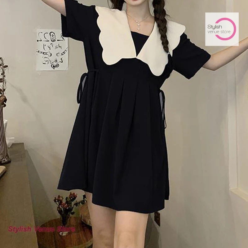 

Korean style doll collar pleated waist dress women's spring and summer new sweet and lovely loose plus size western casual skirt