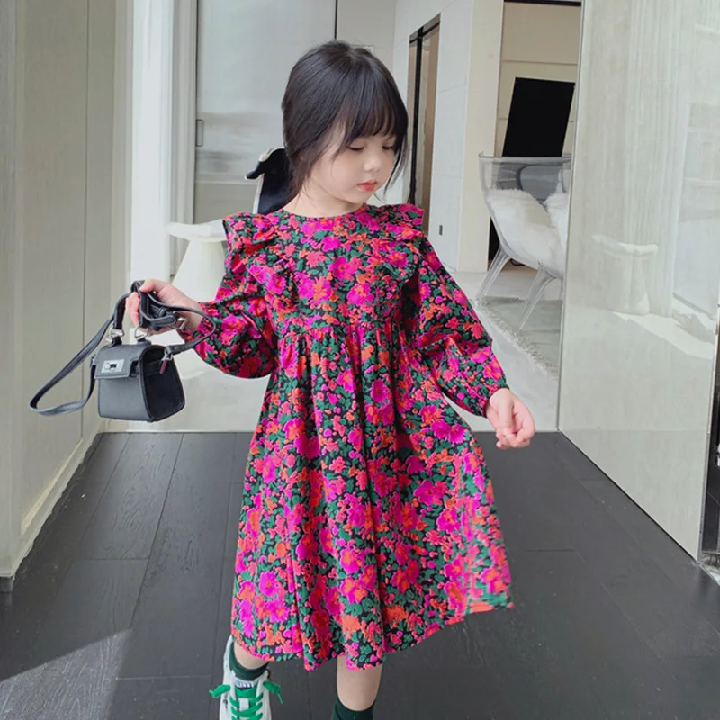 Girls Dresses Spring Autumn New Flower Long-Sleeved Princess Dress Pleated Edge Stitching Pastoral Style Children\'S Clothing