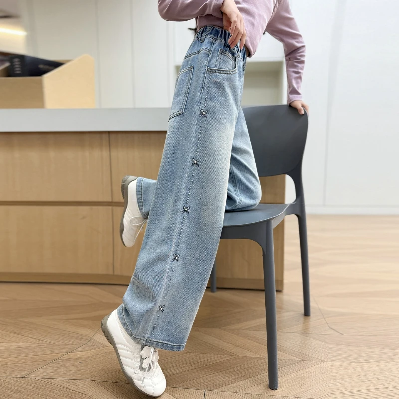 Girls Jeans Spring Autumn 2026 New Style Elastic Waist Bow Embellished Loose Wide Leg Jeans Cute Versatile Children Pants