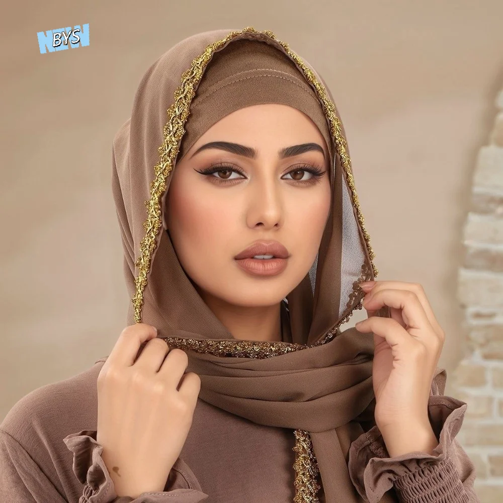 

Chiffon Material Eid al-Fitr Hijab Golden Wave Soft Breathable Modest Covering Scarf Premium Embroidery Solid Color Shawl Wrap