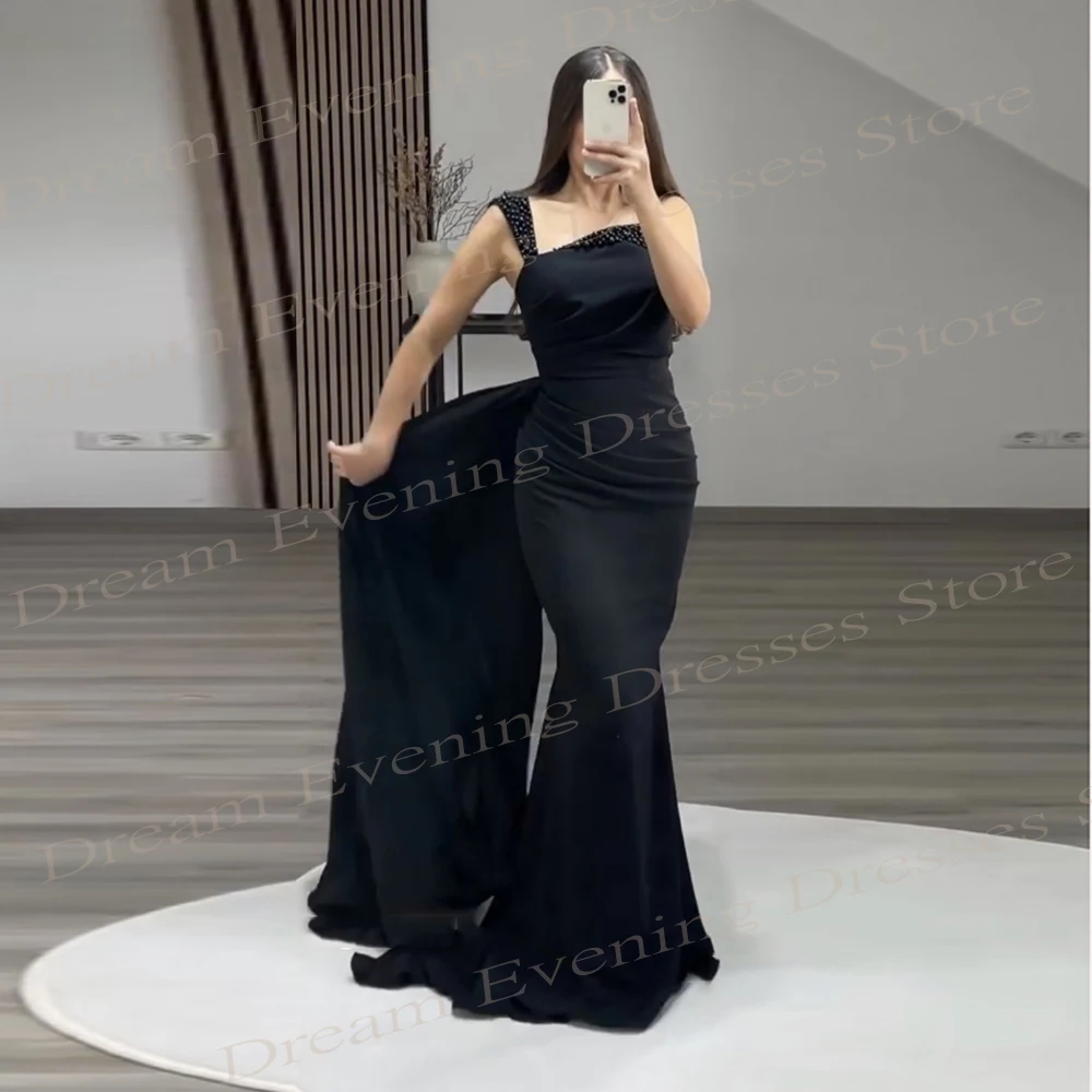 2024 Classic Sexy Black Women's Mermaid Simple Evening Dresses Modern One Shoulder Sleeveless Prom Gowns Beaded Formal Occasions