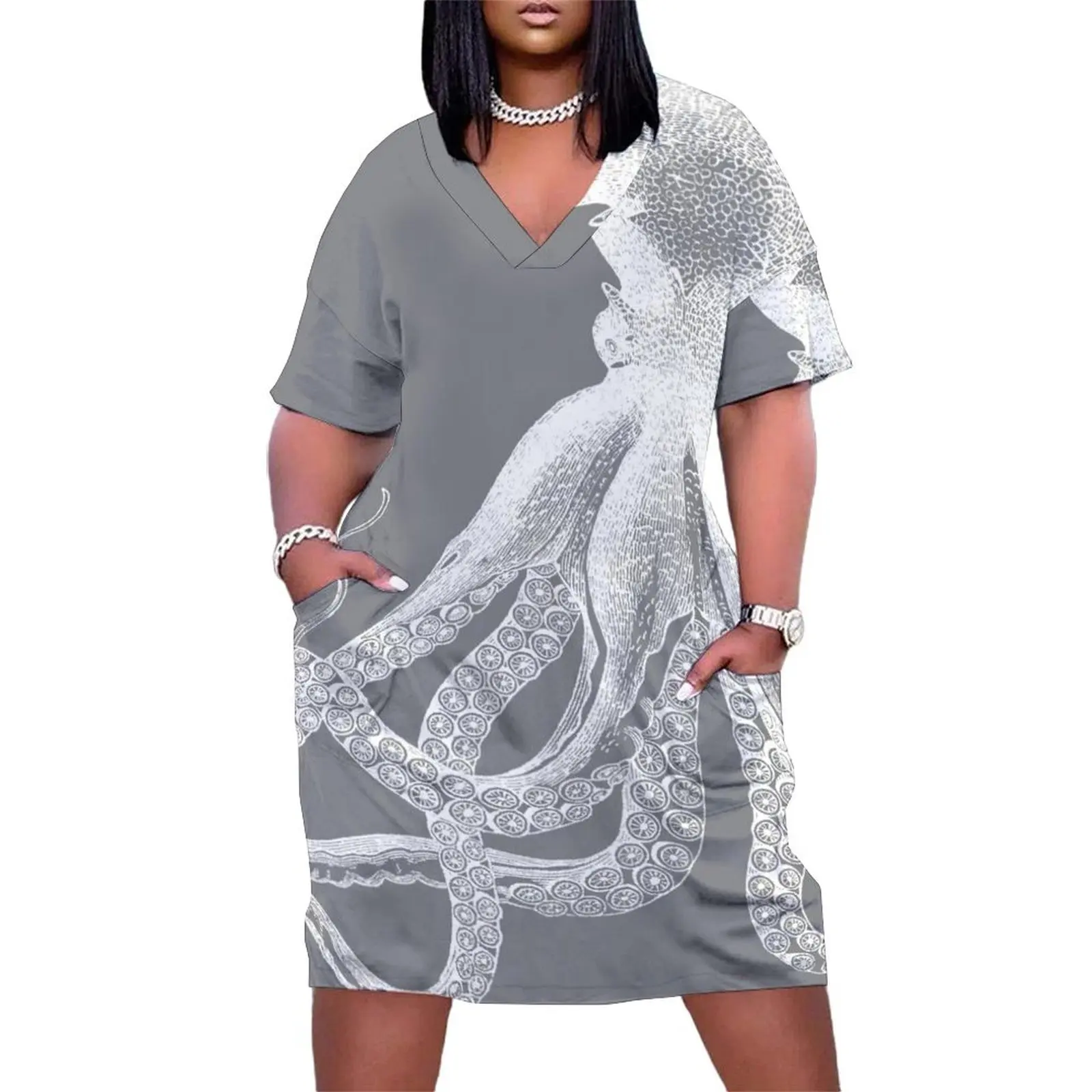 Octopus Vintage Octopus Tentacles Sea Creatures Nautical Ocean Sea Beach Grey and White Loose Pocket Dress loose summer dress