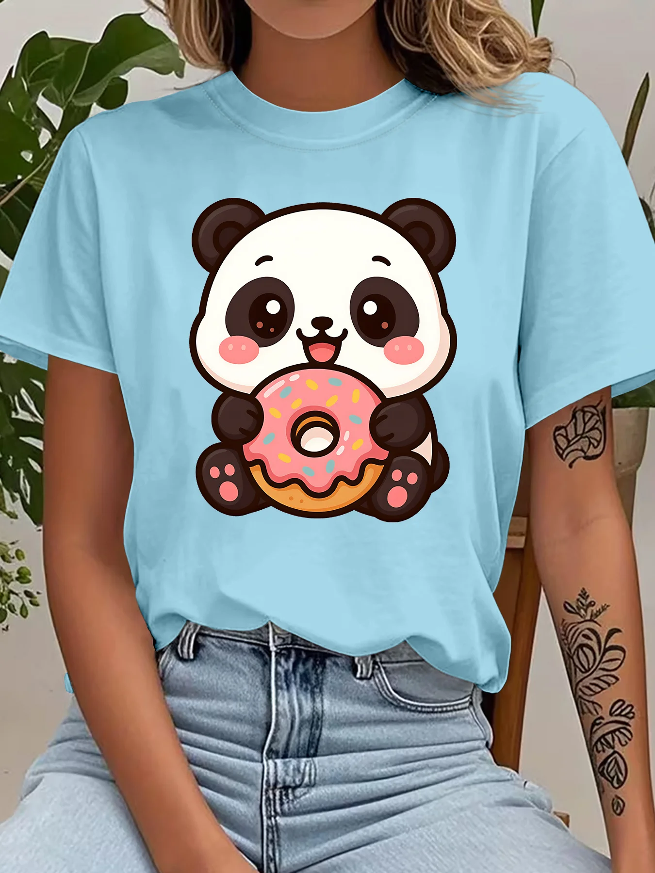 Cute Cartoon Panda Holding Sweet Sprinkled Donut Art Print Graphic Ladies T Shirt Short Sleeve Crew Neck Casual Tee Tops