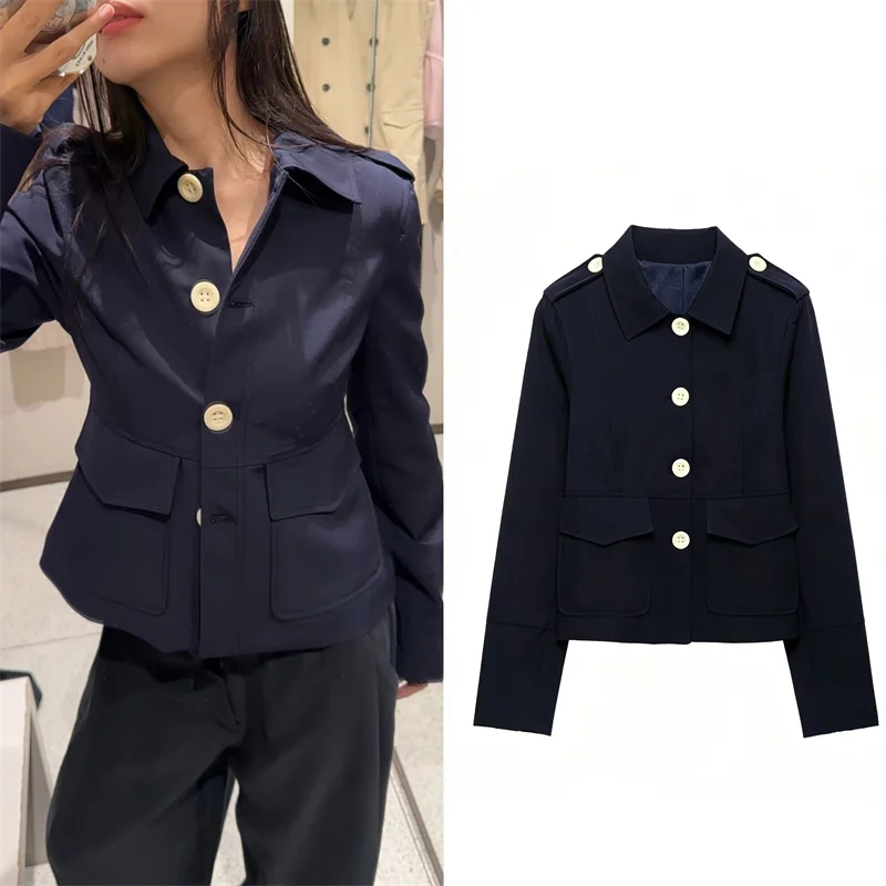 Guobioziy Women's Jacket 2026 Early Autumn New Fashionable Versatile Color-Block Button Long-Sleeve Lapel Pocket Blazer