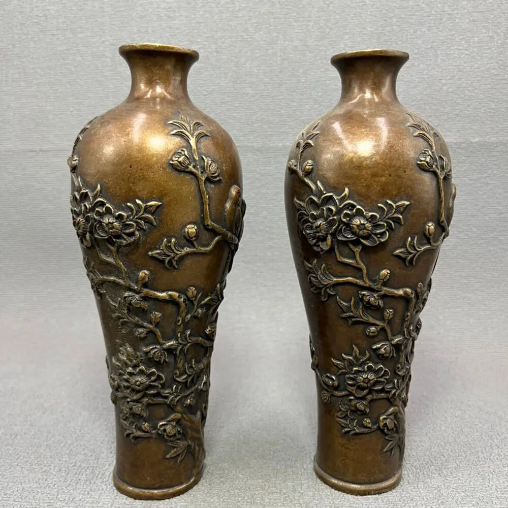 Collect pure copper bronze hand made flower bird pattern prunus vase pair