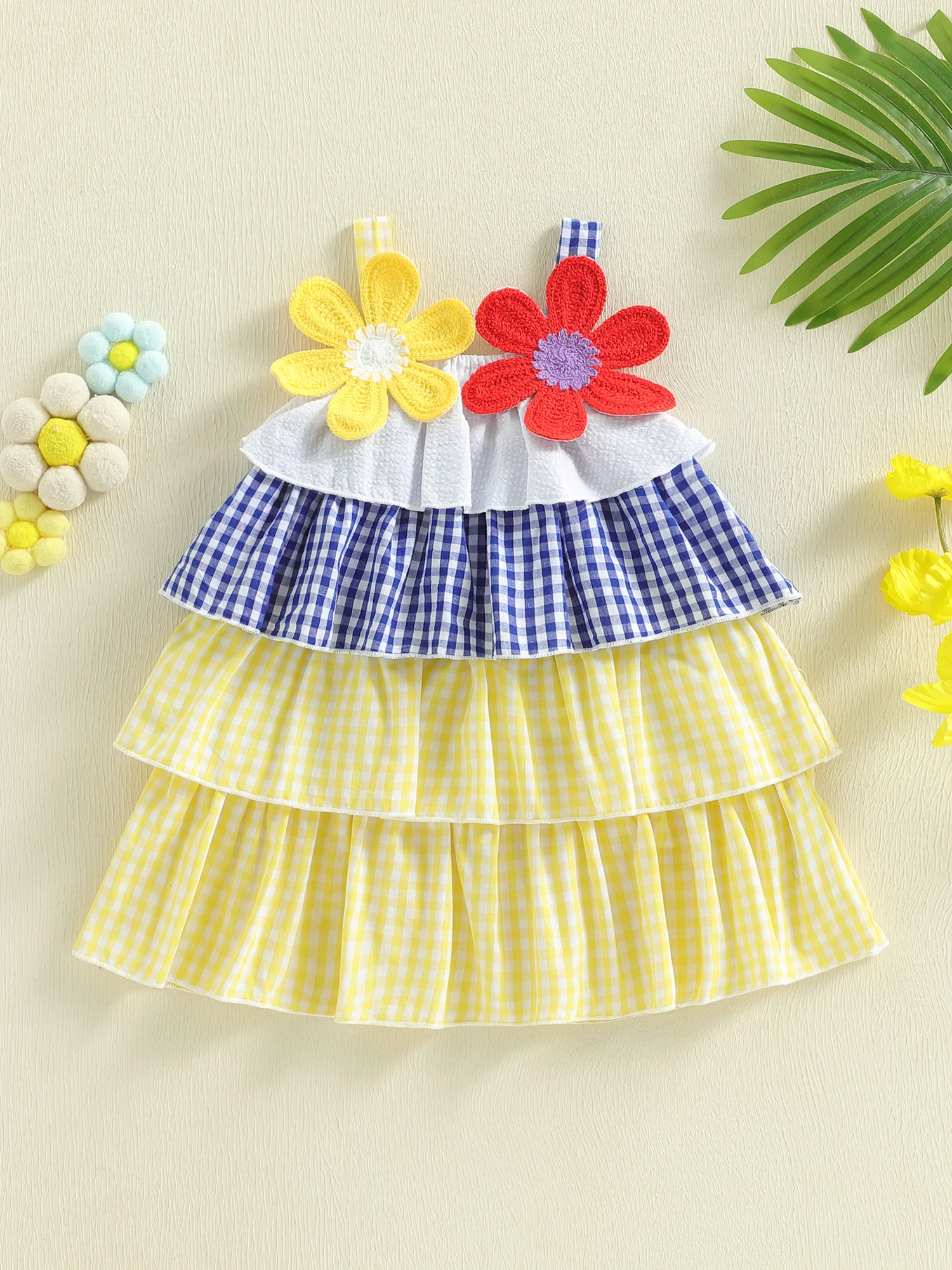 رائعتين الرضع الفتيات مخطط رومبير أنيق بلا أكمام كشكش الأزهار بذلة الصيف المألوف لطيف الزي #2