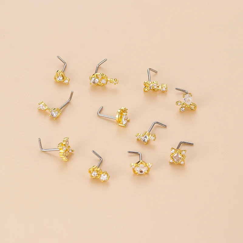 20G L-Shaped Cubic Zircon Nose Stud, Surgical 316L Stainless Steel Nose Lip Ear Piercing Jewelry for Women Girls Trendy view 3