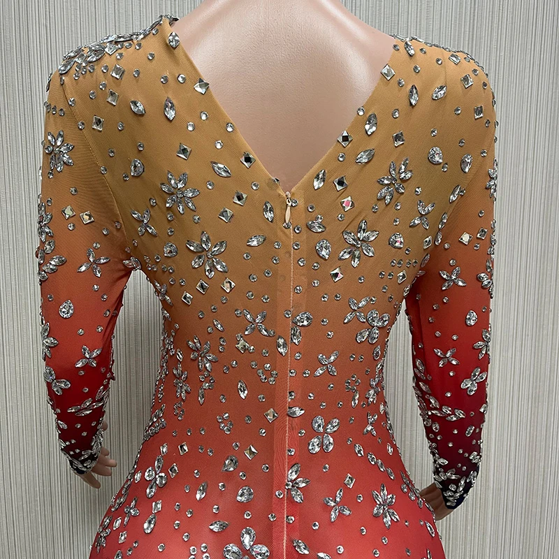 반짝 이는 그라디언트 라인 석 드레스 긴 소매 댄스 파티 드레스 이브닝 드레스 여성 생일 축하 의상 레이브 복장 XS5693