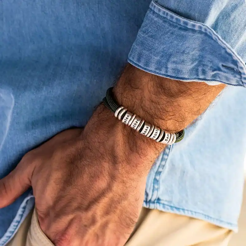 PolishedPlus Customized Bracelet Titanium Steel Braided Rope Men's Custom Letter Name Beaded Personalized Dad Birthday Gift