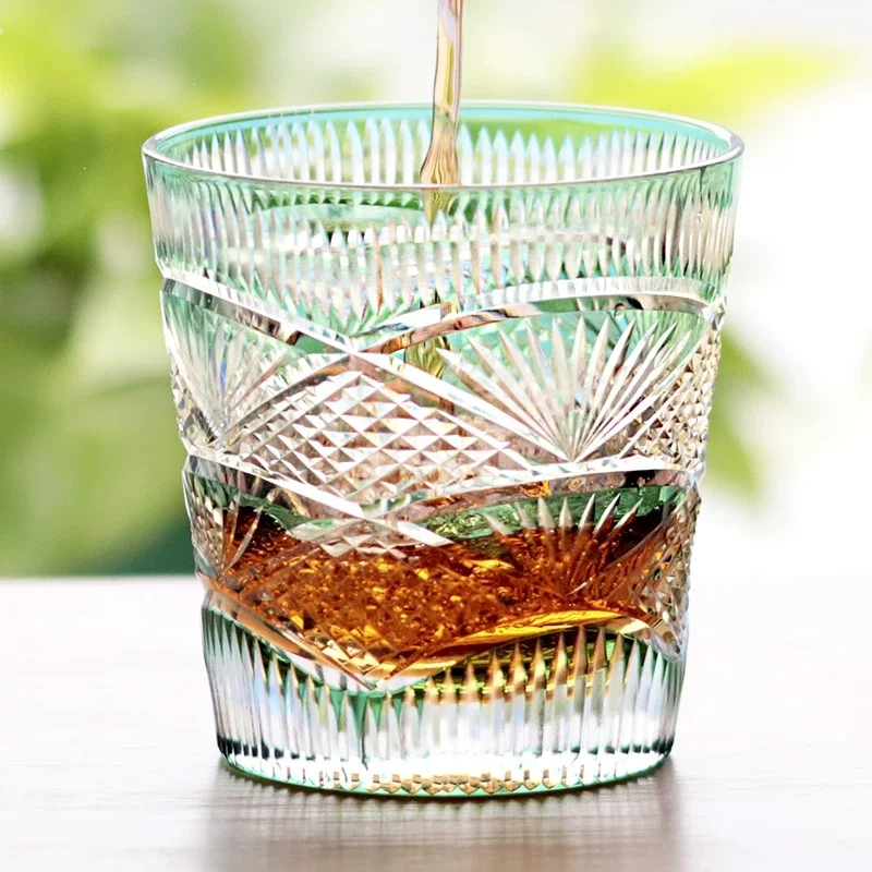 Hand Carved Japanese Style Whiskey Glass, Color Overlay Crystal Old Fashioned Tumbler 320ml