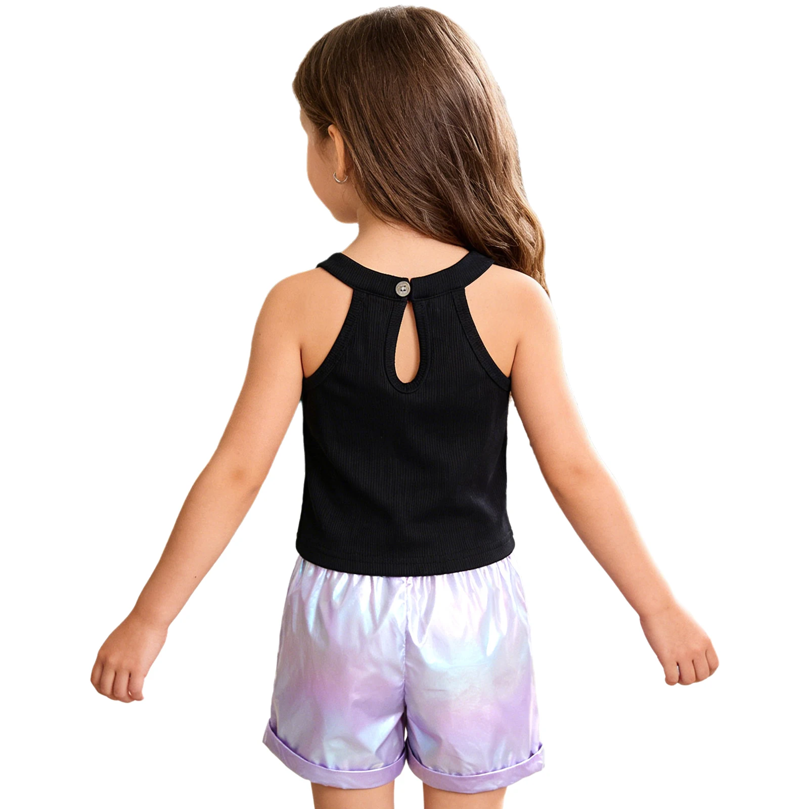 

Kids Girls Sleeveless Halter Ribbed Crop Top Metallic Shorts Hip Hop Rhythmic Outfit for Birthday Vacation Travel Beach Daily