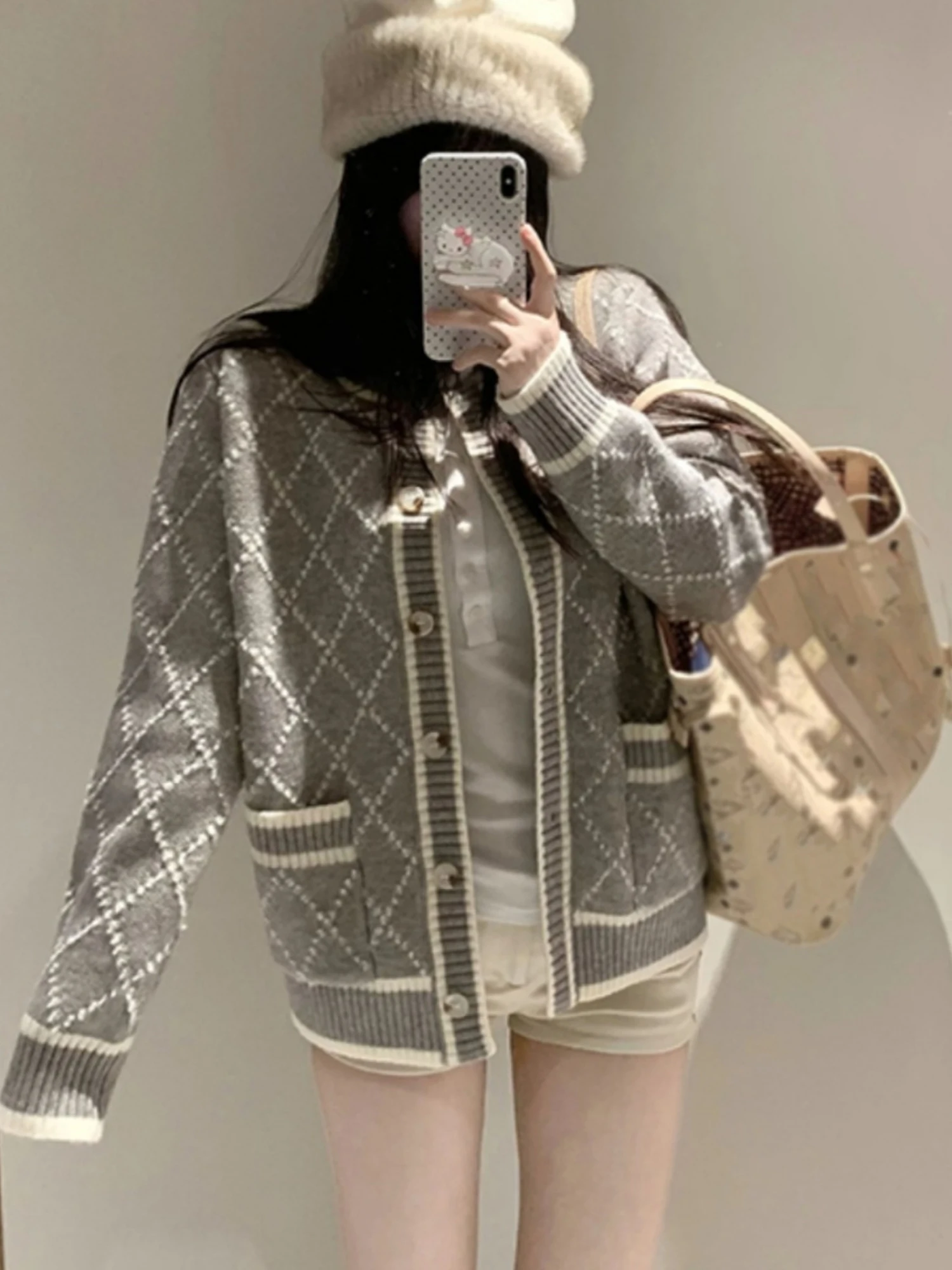  Knitted Sweater Coat for Women with Golden Buckle Diamond Pattern Color Block Autumn Winter New Arrival French Styl...