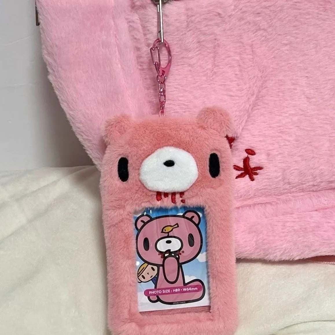 Pink Plush Bear Card Holder, Y2K Kawaii Photo Card Sleeve, Cute Plush Photocard Storage Pouch for Collection