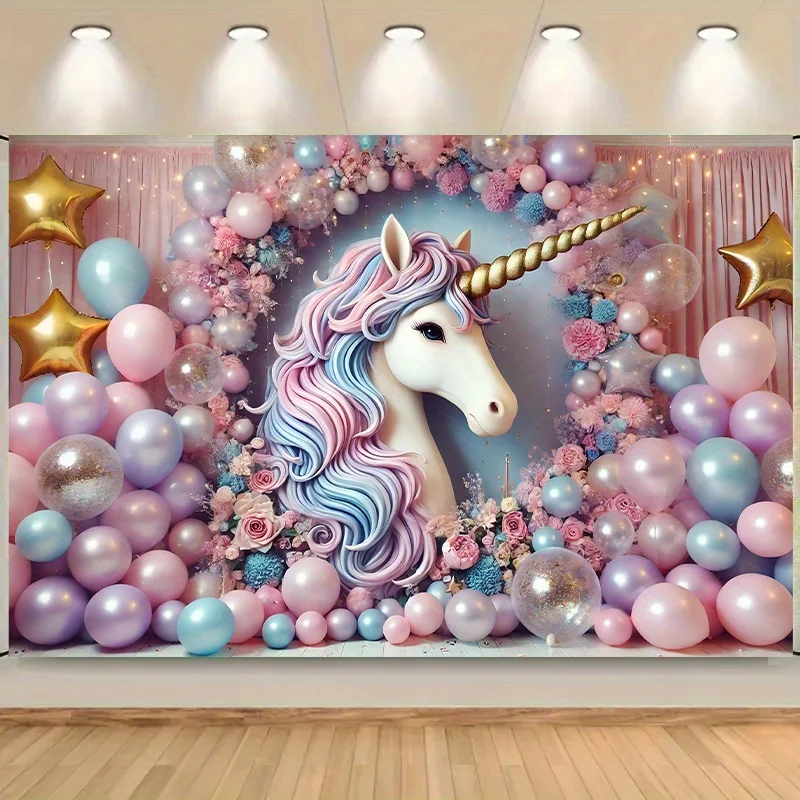 1-teiliger, lebhafter Polyester-Hintergrundstoff für die Einhorn-Mitteldekoration, geeignet für Hochzeiten, Geburtstage und Raumdekoration
