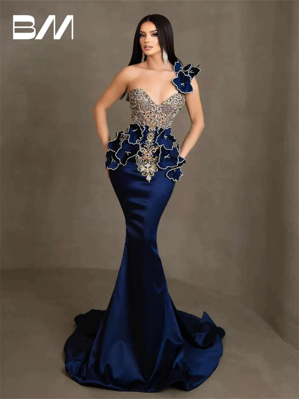 

Navy Satin Mermaid Long Evening Dress One Shoulder Beads Embroidery Party Gown Women Prom Dresses Host Birthday Party Gowns