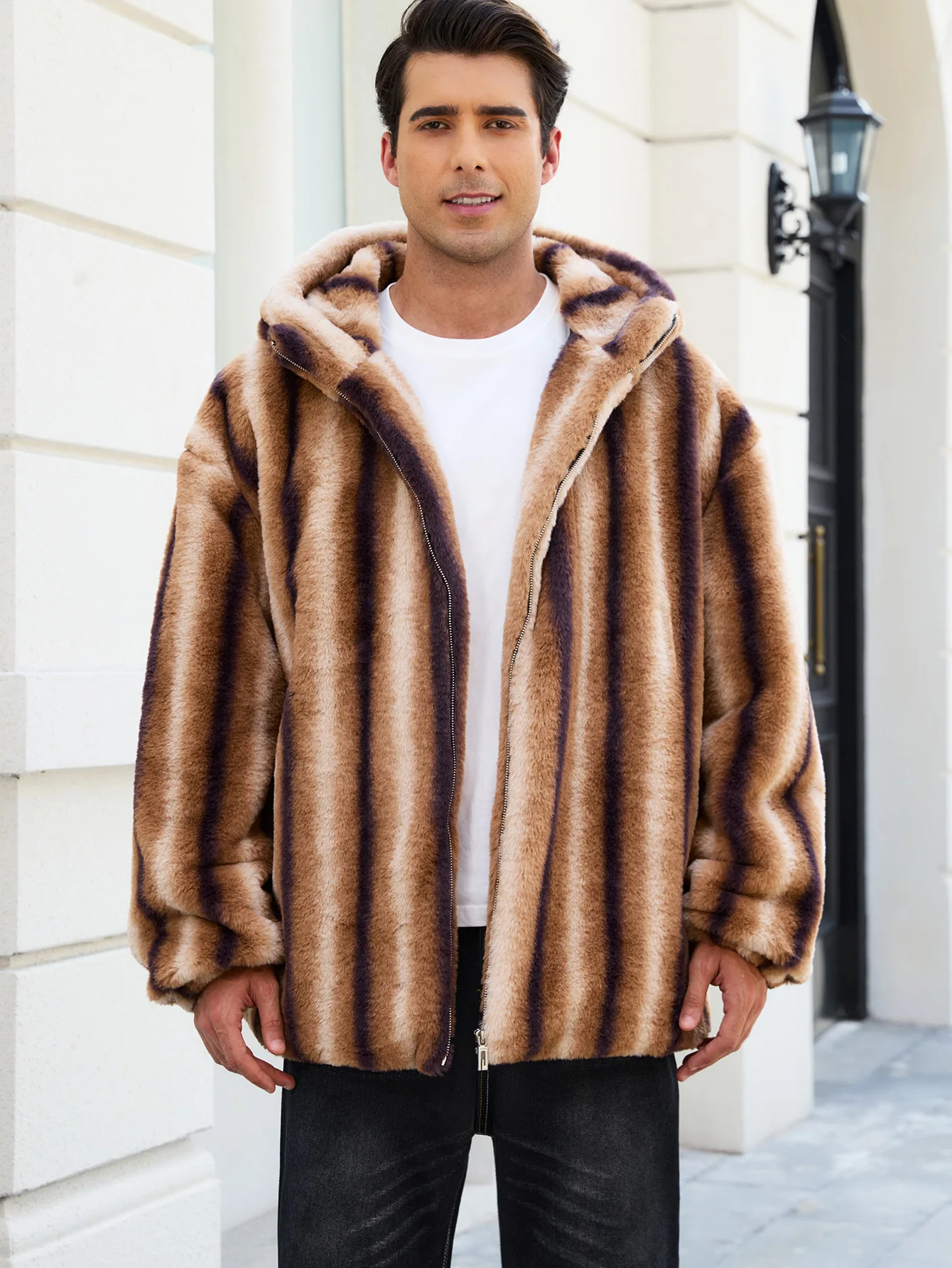 Men's Imitation Fur Rabbit Hair Plush Jacket Coat Thickened Insulated Zipper Printed Contrast Casual Outerwear