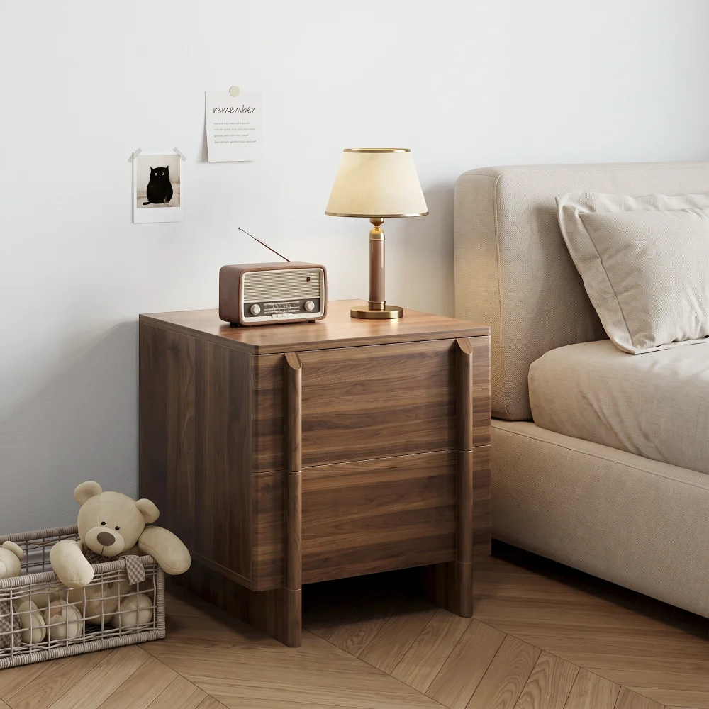 2-Drawer Bedroom Nightstand, Minimalist Mid-Century Side End Table, Anti-collision Rounded Corner Design, Stable Wood Legs Storage Cabinet for Home Decor