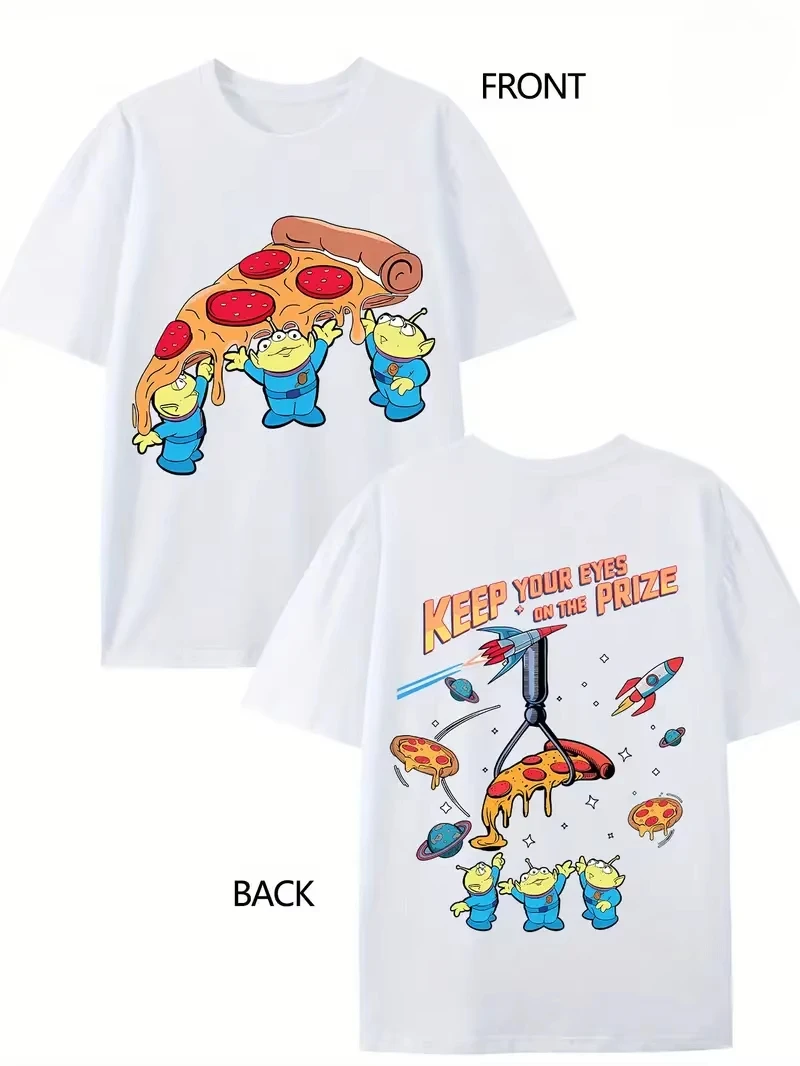

Disney Toy Story Pizza Planet Aliens Oversized Men's T Shirt Woody Casual Cotton Women Tops Tee Vacation Unisex Short Sleeve Y2k