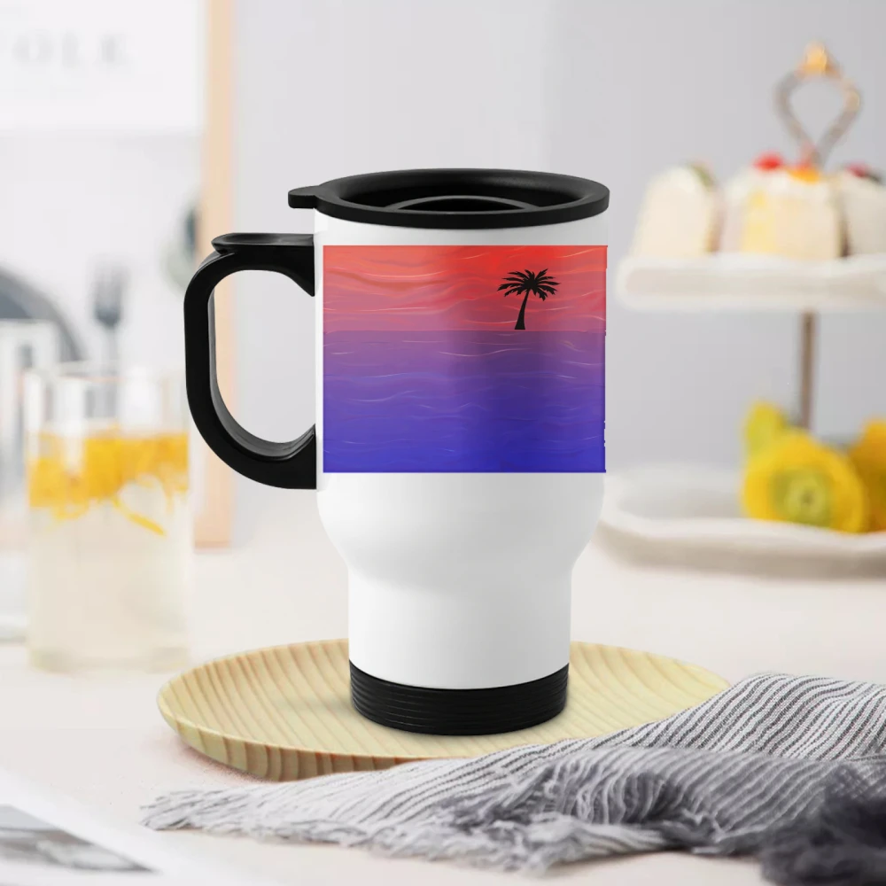 Tropical Vibes Travel Mug With Palm Tree Design Stainless Steel Insulated Coffee Cup For Outdoor Adventures And Daily Use 16 Oz Single Piece