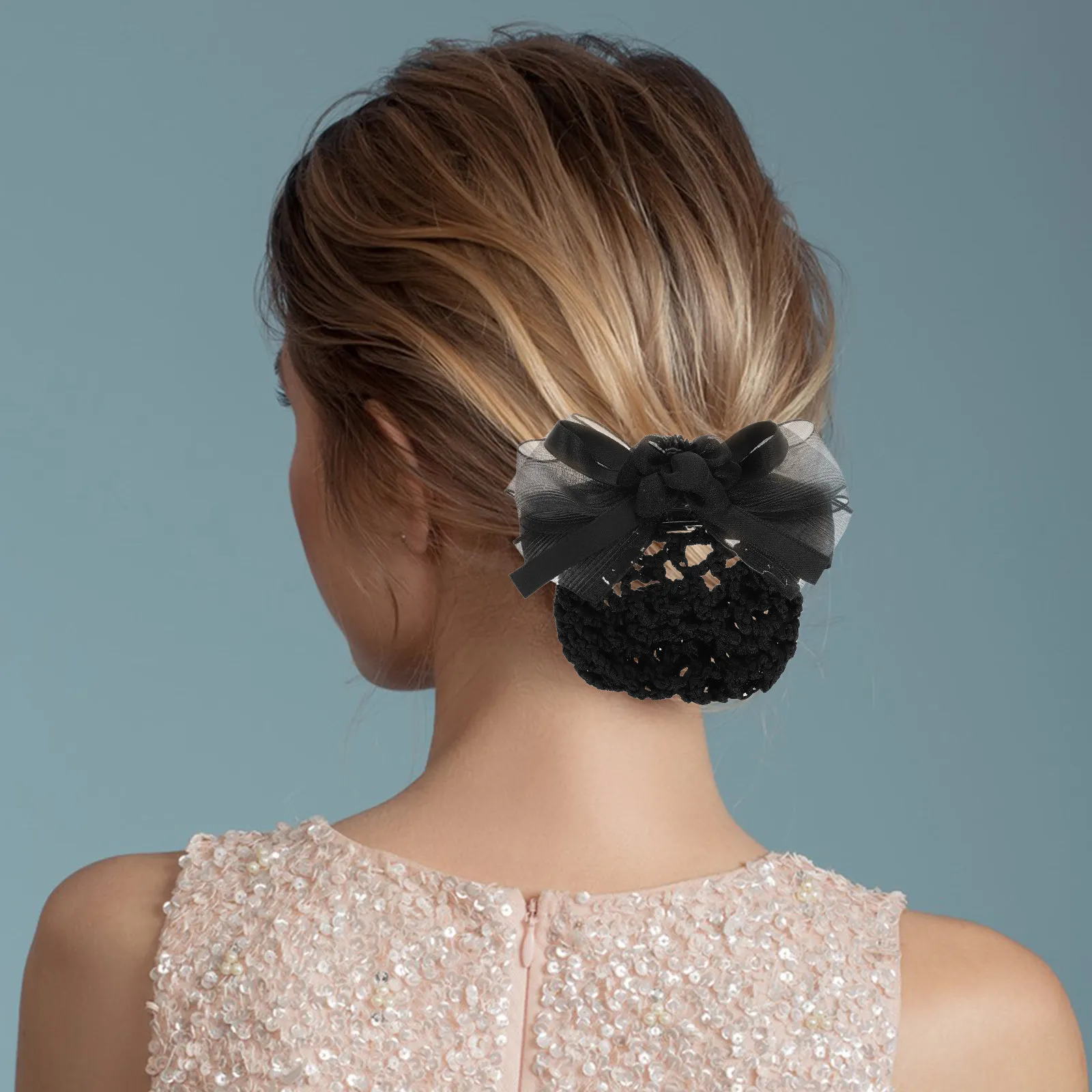 

Black Bowknot Hair Bun Cover Snood Hairnet Stylish Barrette Hair Accessories for Nurses Bank Staff Airline Hotel Restaurant Use