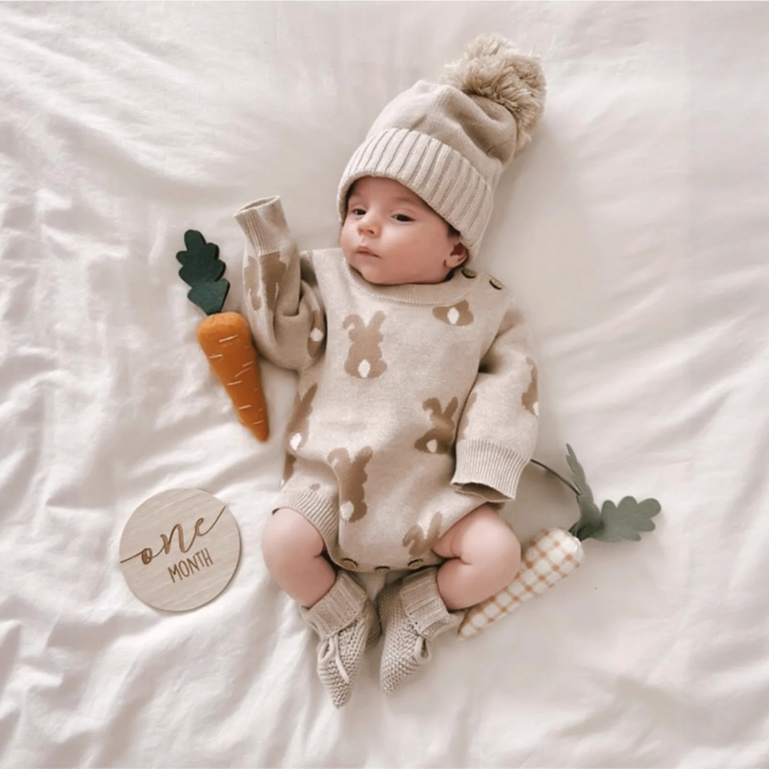2025 Autumn New Baby Long Sleeve Knit Bodysuit + Hat 2pcs Set Newborn Cute Cartoon Print Sweater Infant Toddler Jumpsuit 0-24M