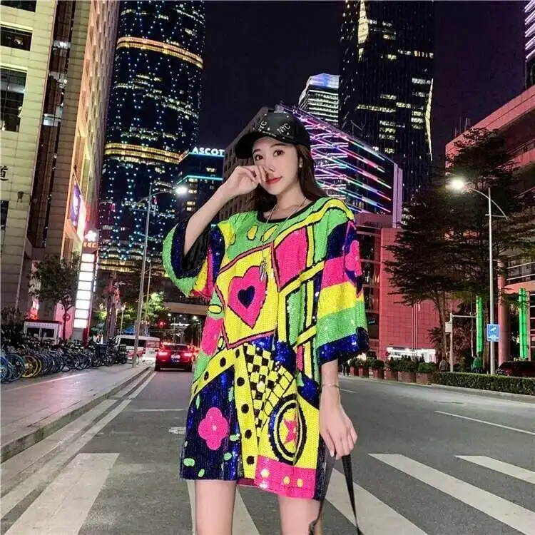 #0208 Summer Long T Shirt Women Loose Streetwear Funny Hip Hop T Shirt Short Sleeve Shinny Sequined T-shirt Female Split Joint