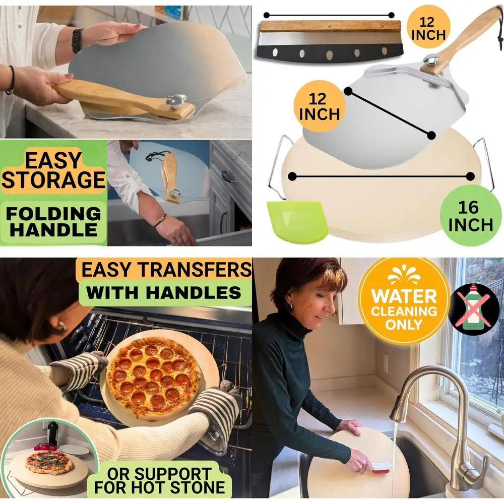 

16 Round Pizza Stone with Handles, Peel, Cutter, Dough Tool - Thick Cordierite Stone for Baking Bread and Large Pizzas
