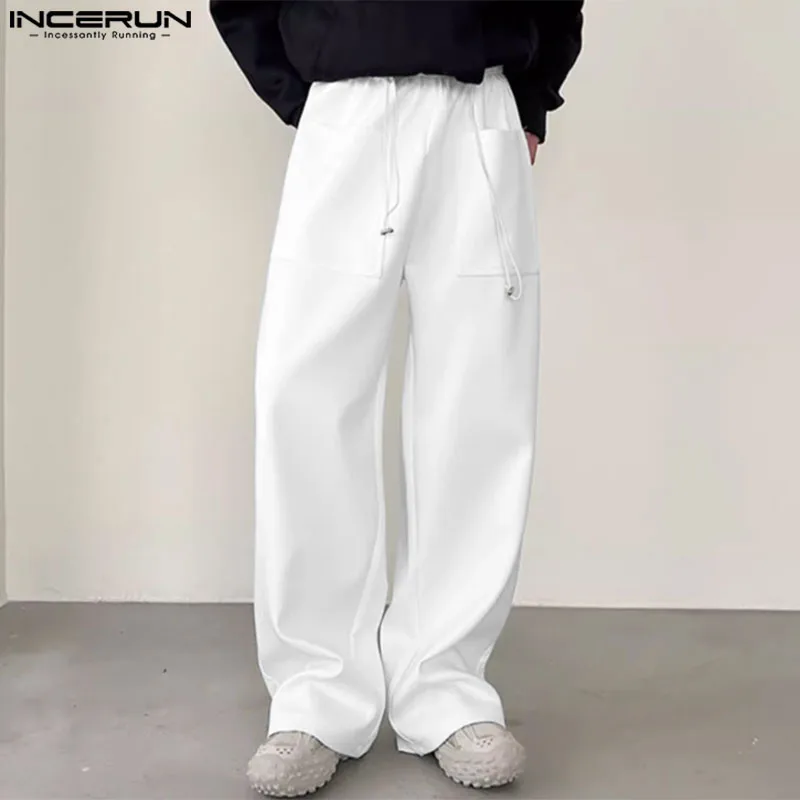 

INCERUN 2024 Korean Style Pantalons Men's Drawstring Pocket Design Long Pant Casual Streetwear Solid Straight Leg Trousers S-5XL