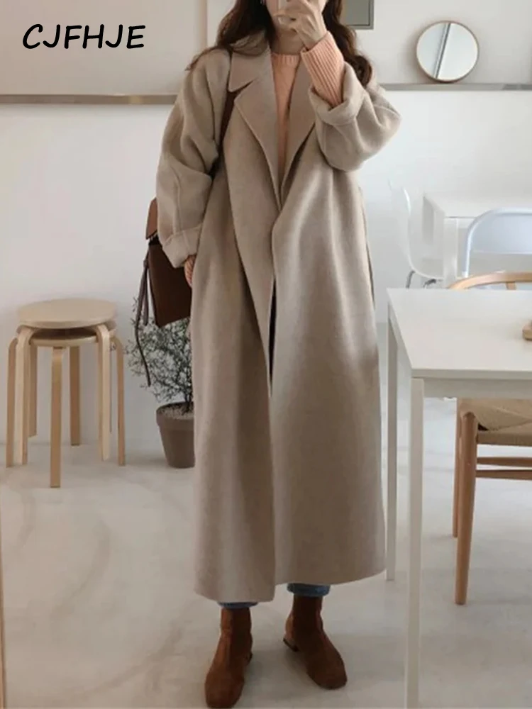 CJFHJE Beige Long Sleeve Coats Women New Fashion Vintage Solid Color Turn Down Collar Winter Blends Casual Loose Long Wool Coat