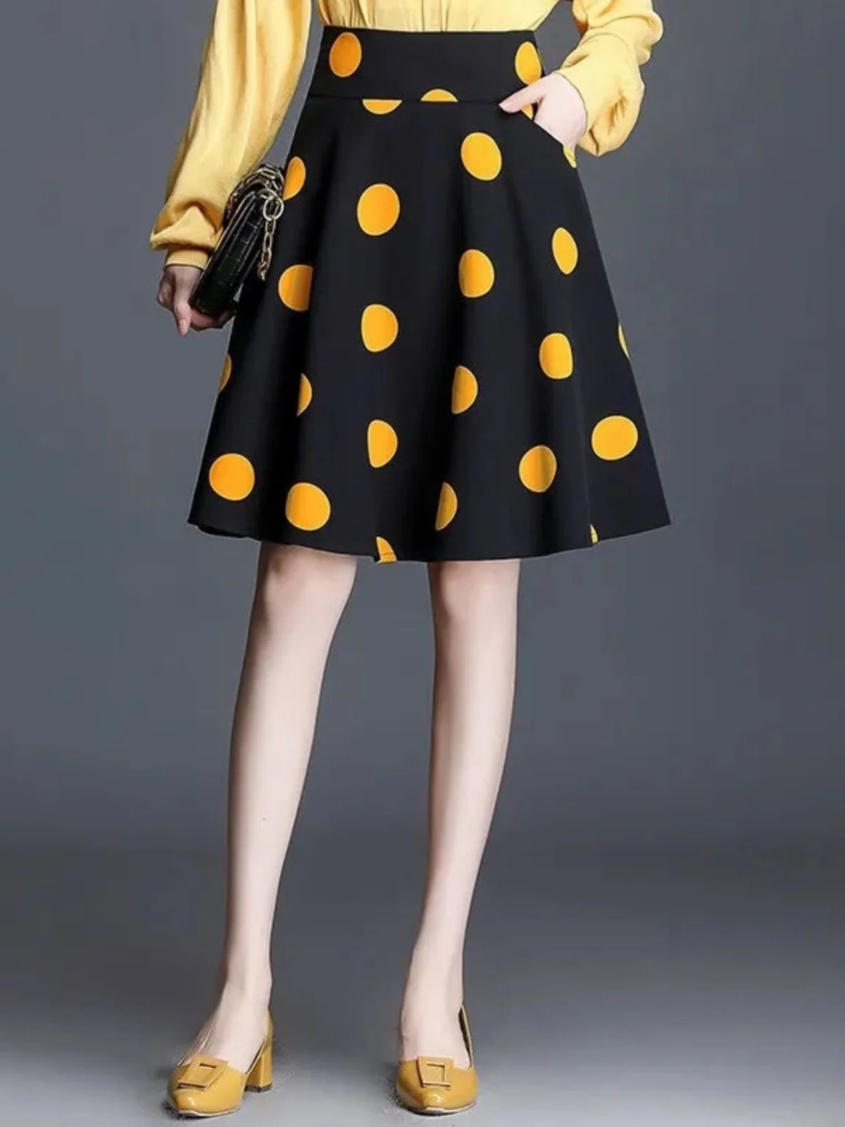 Pocket Polka Dot Full Skirt Women\'s Elegant Simple A-Line Midi Skirt Summer Autumn Fashionable Swing Skirt Casual Wear