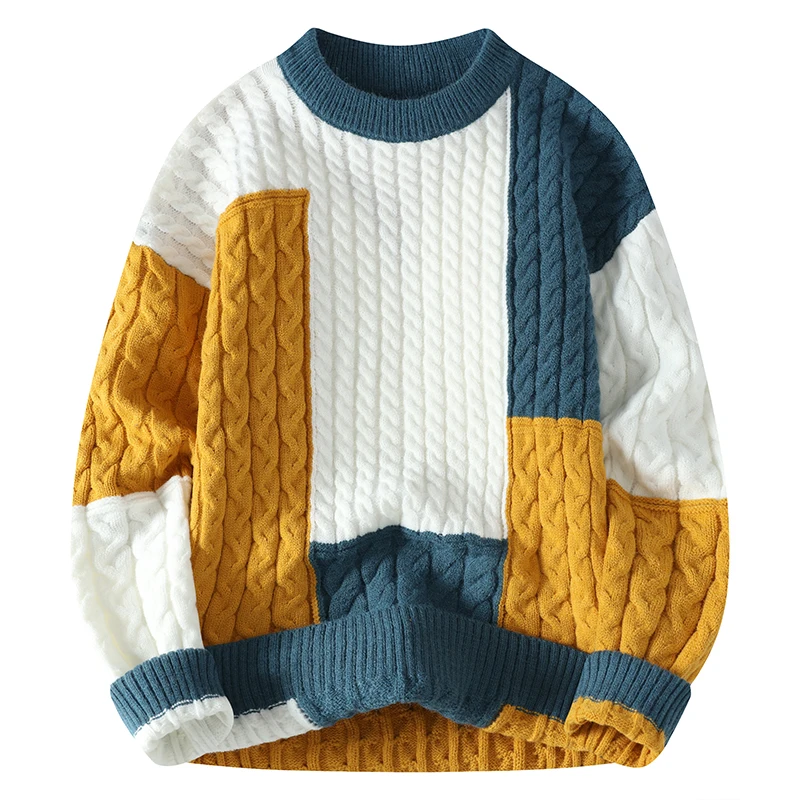 Color Block Sweater for Man Chunky Twist Long Sleeve Pullover Crew Neck Casual Sweater Plus Size Winter Warm Knitwear